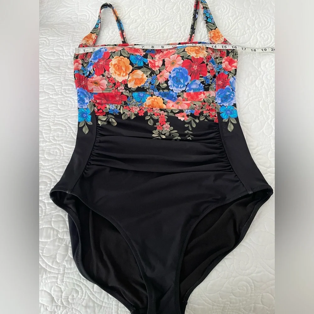 Johnny Was Black Royal Ruched One Piece Floral Swimsuit Sz 3X - Picture 10 of 14